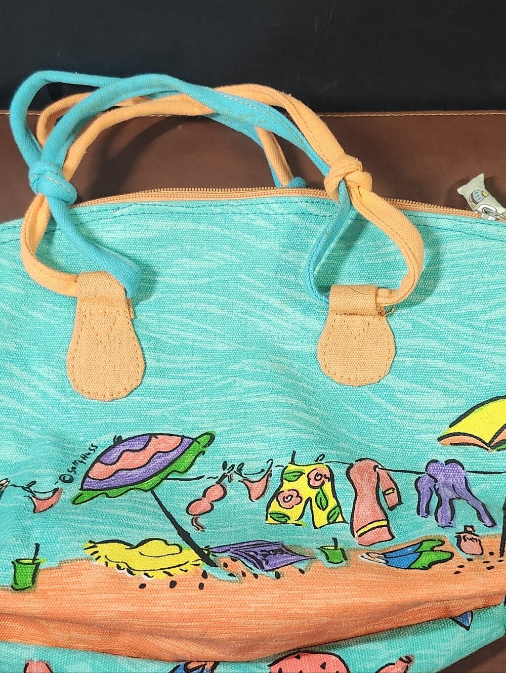 Sally Huss Canvas Beach Tote Bag in Turquoise and Orange